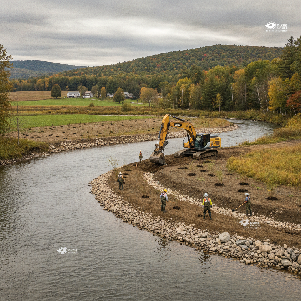 Conservation crews and heavy machinery working on the Batten Kill Restoration in S — Batten Kill Restoration Sunderland VT