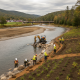 Workers restoring the Batten Kill River with heavy machinery and planting along — Batten Kill River Restoration Sunderland