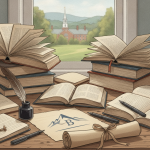A cozy writing desk with open books, a quill, and a scroll, overlooking a scenic — bennington college young writers awards