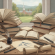 A cozy writing desk with open books, a quill, and a scroll, overlooking a scenic — bennington college young writers awards