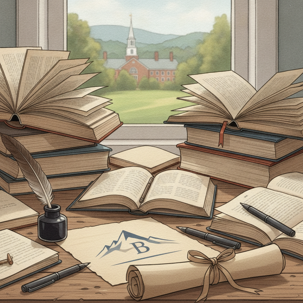 A cozy writing desk with open books, a quill, and a scroll, overlooking a scenic — bennington college young writers awards