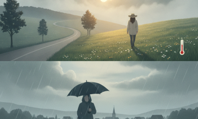 A split scene showing a person walking in a sunny field and another in rain with an u — Bennington County weather forecast