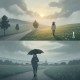 A split scene showing a person walking in a sunny field and another in rain with an u — Bennington County weather forecast