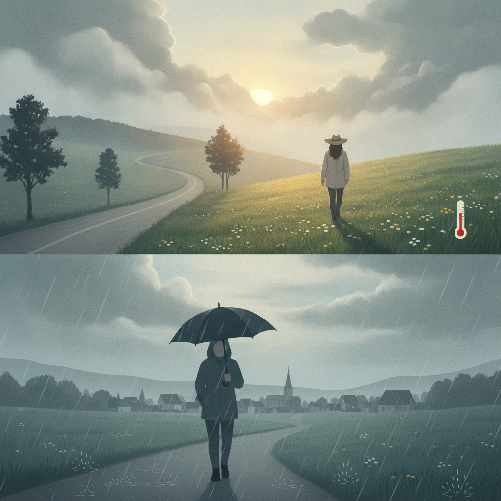 A split scene showing a person walking in a sunny field and another in rain with an u — Bennington County weather forecast