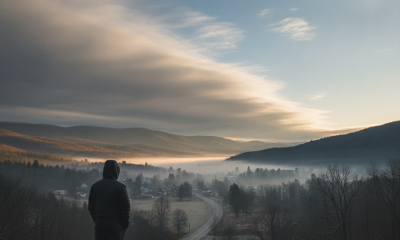 A person stands on a hillside overlooking a valley with mist and rolling hills under — Bennington County weather forecast