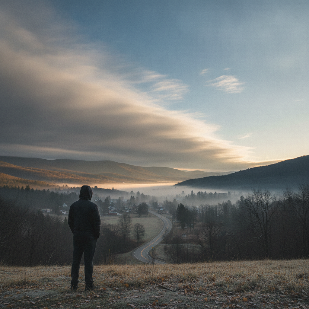 A person stands on a hillside overlooking a valley with mist and rolling hills under — Bennington County weather forecast