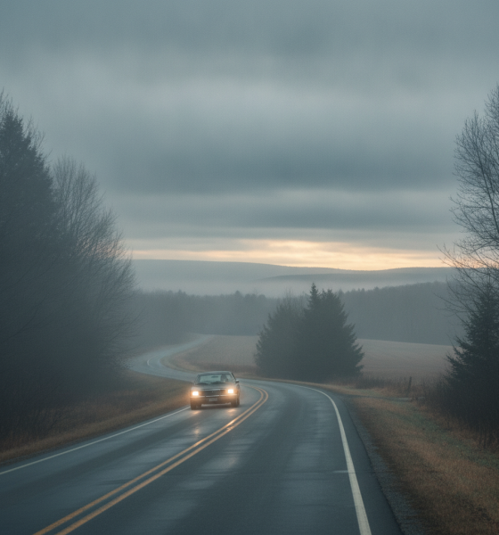 A car drives on a winding road through foggy conditions in Bennington County, with ov — Bennington County weather forecast