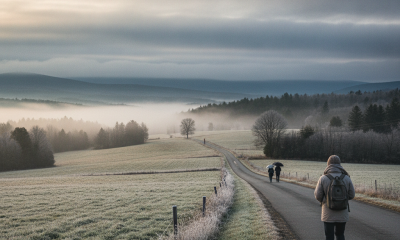 Two people walking on a misty road through a frosty landscape in Bennington County, V — Bennington County weather forecast