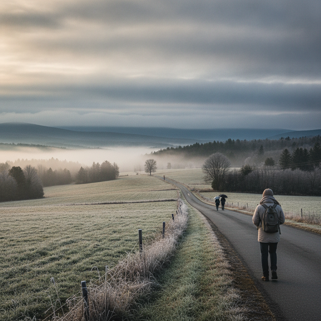 Two people walking on a misty road through a frosty landscape in Bennington County, V — Bennington County weather forecast