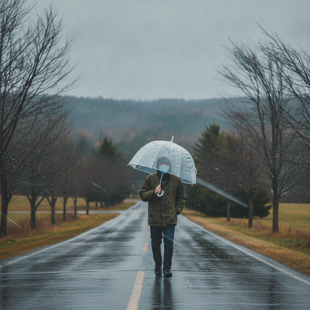 Person walking on a rainy road in Bennington County, holding a clear umbrella amidst — Bennington County weather forecast