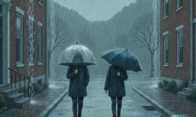 Two people walking in the rain with umbrellas on a wet street in a small town, reflec — Bennington County weather forecast