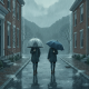 Two people walking in the rain with umbrellas on a wet street in a small town, reflec — Bennington County weather forecast