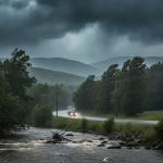 A winding road through a lush landscape under dark storm clouds, with a car driving i — Bennington County weather forecast