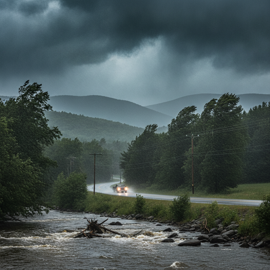 A winding road through a lush landscape under dark storm clouds, with a car driving i — Bennington County weather forecast