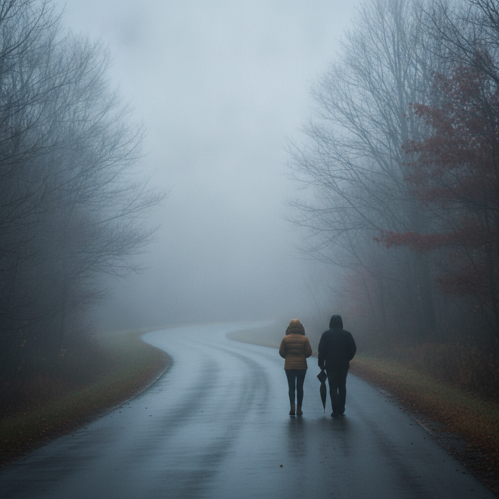 Two people walking on a foggy road in Bennington County, surrounded by trees with aut — Bennington County weather forecast