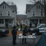 Police officers conducting a drug bust on Hilltop Drive, with evidence displayed on a table and sus — Bennington Drug Bust
