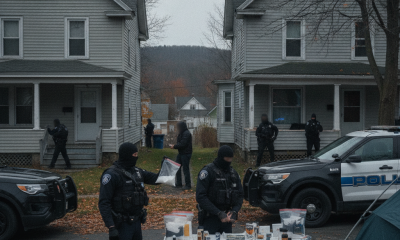 Police officers conducting a drug bust on Hilltop Drive, with evidence displayed on a table and sus — Bennington Drug Bust