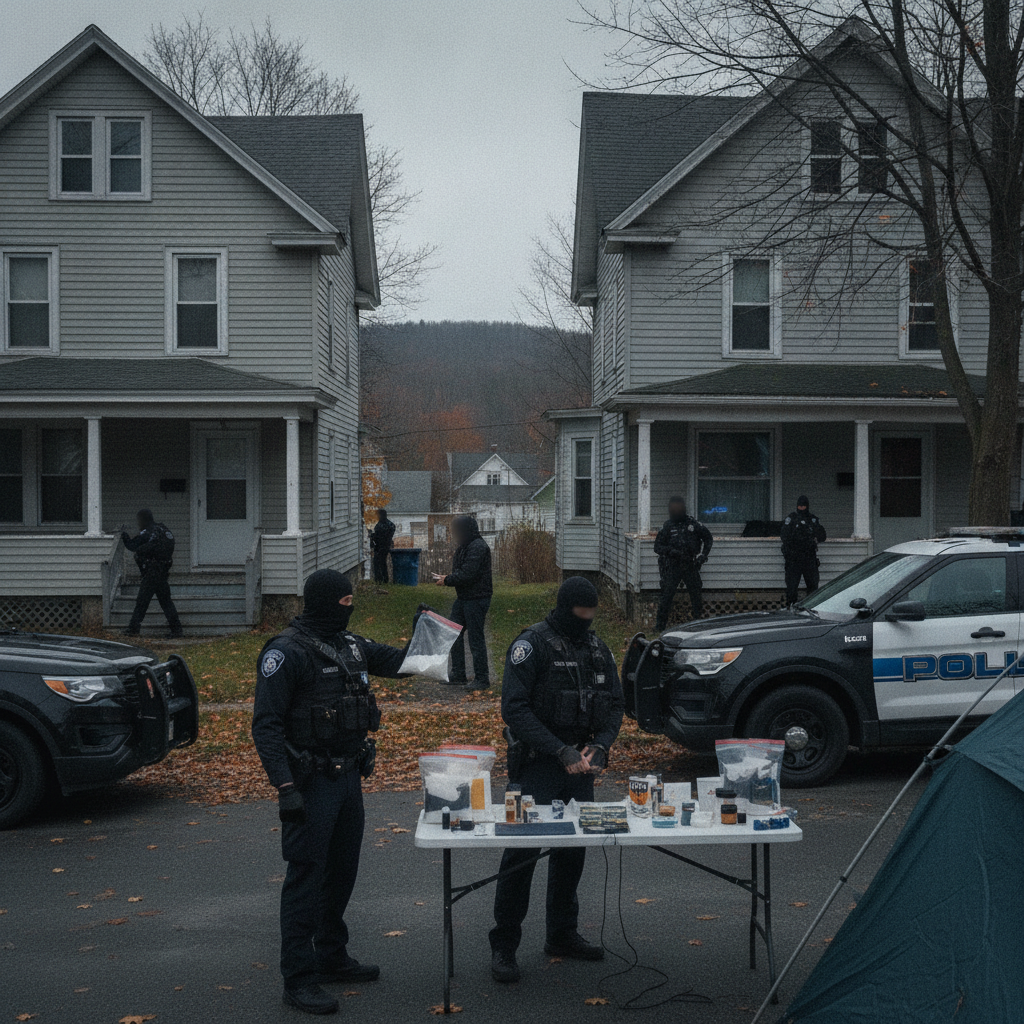 Police officers conducting a drug bust on Hilltop Drive, with evidence displayed on a table and sus — Bennington Drug Bust