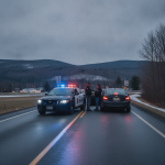 Police cars stopped on a wet road in Shaftsbury, VT, with officers attending to a vehicle durin — Shaftsbury VT DUI Arrest