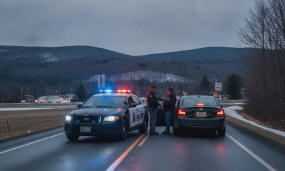 Police cars stopped on a wet road in Shaftsbury, VT, with officers attending to a vehicle durin — Shaftsbury VT DUI Arrest