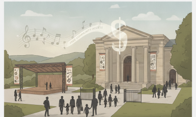Illustration of Bennington Museum with a concert stage and people attending, highlight — Bennington Museum anonymous grant