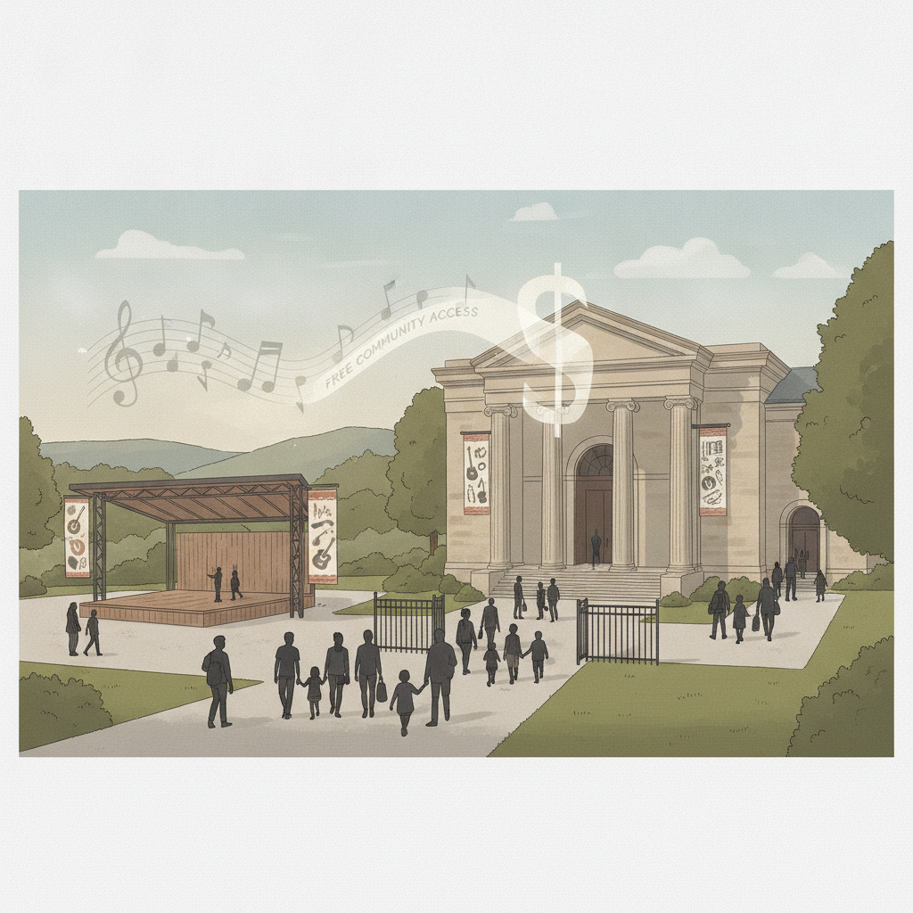 Illustration of Bennington Museum with a concert stage and people attending, highlight — Bennington Museum anonymous grant