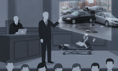 Courtroom scene depicting a lawyer presenting evidence of the Bennington Park Street shooting and car crash.