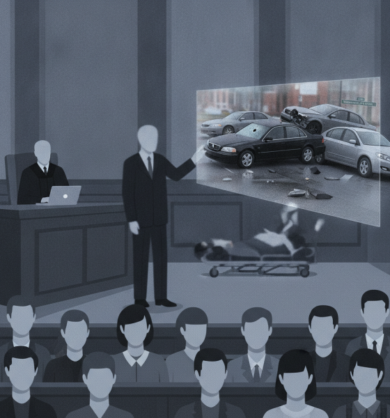 Courtroom scene depicting a lawyer presenting evidence of the Bennington Park Street shooting and car crash.