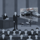 Courtroom scene depicting a lawyer presenting evidence of the Bennington Park Street shooting and car crash.