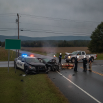 Emergency responders at the scene of a three-vehicle crash involving a police cruiser on — Bennington Police Cruiser Crash