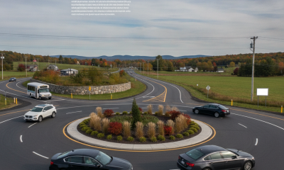 Vehicles navigating the newly completed Bennington Route 67A roundabout, featuring landscaped center and clear road markings.