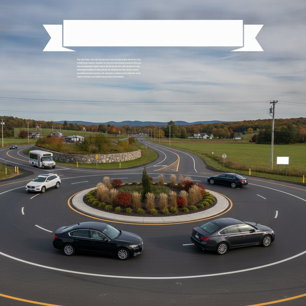 Vehicles navigating the newly completed Bennington Route 67A roundabout, featuring landscaped center and clear road markings.