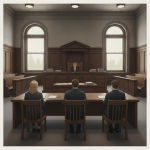A courtroom scene during Bennington Superior Court hearings with a judge and three seated individuals at a table.