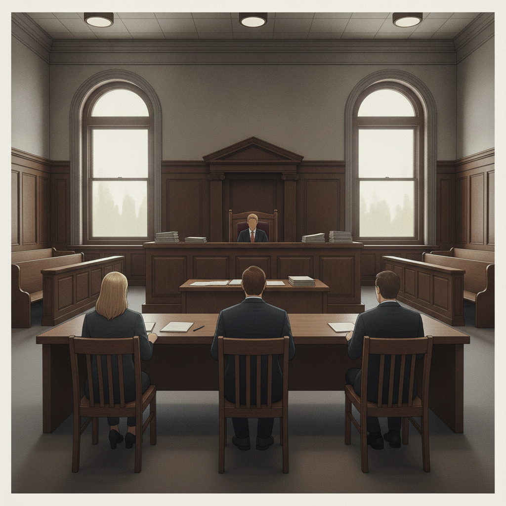 A courtroom scene during Bennington Superior Court hearings with a judge and three seated individuals at a table.