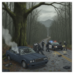 A dark scene depicting a crashed car with shattered windows, police officers investigating — Bennington VT Shooting Crash