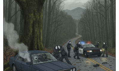 A dark scene depicting a crashed car with shattered windows, police officers investigating — Bennington VT Shooting Crash