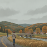 Two people walking along a road in autumn, with colorful trees and a stone bridge in the — Bennington VT weather forecast