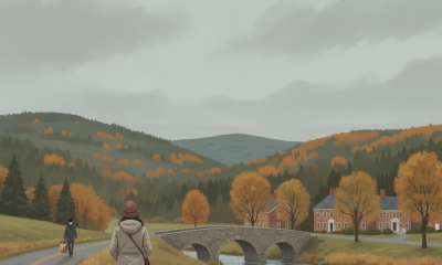 Two people walking along a road in autumn, with colorful trees and a stone bridge in the — Bennington VT weather forecast