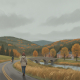 Two people walking along a road in autumn, with colorful trees and a stone bridge in the — Bennington VT weather forecast