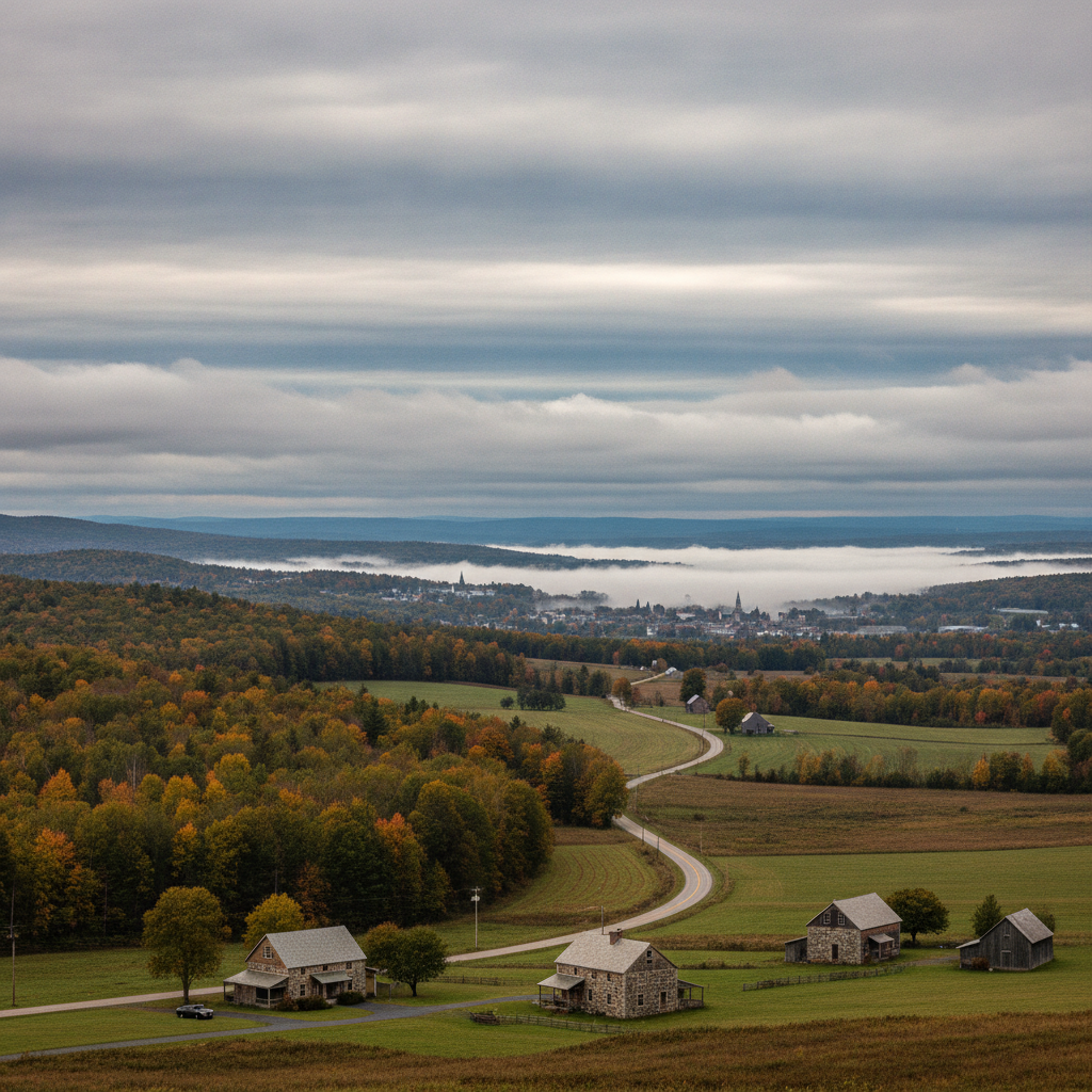 Overcast skies above a rural landscape in Bennington County, with houses and trees displa — Bennington VT weather forecast