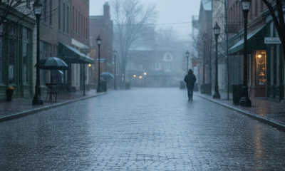 A lone figure walks down a wet, empty street in Bennington, Vermont, under gray skies and — Bennington VT weather forecast