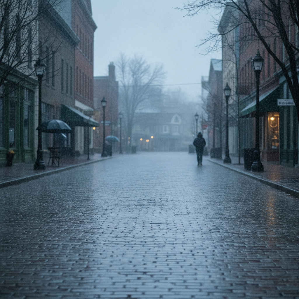A lone figure walks down a wet, empty street in Bennington, Vermont, under gray skies and — Bennington VT weather forecast