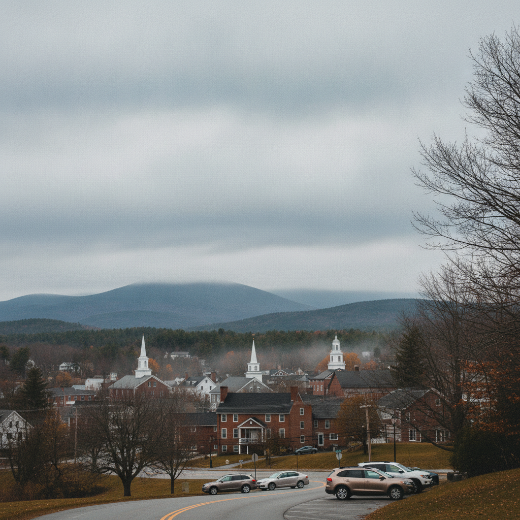 Overcast skies loom over a small town in Bennington, Vermont, with church steeples visibl — Bennington VT weather forecast