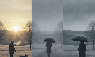 A triptych showing a person walking a dog at sunrise, a figure with an umbrella in a misty l — Bennington weather forecast