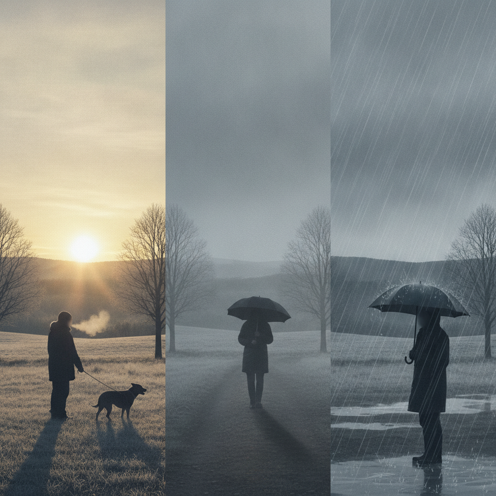 A triptych showing a person walking a dog at sunrise, a figure with an umbrella in a misty l — Bennington weather forecast