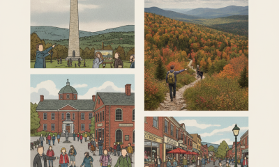 Collage of Bennington VT attractions including the Bennington Battle Monument, fall foliage hiking, and downtown scenes.