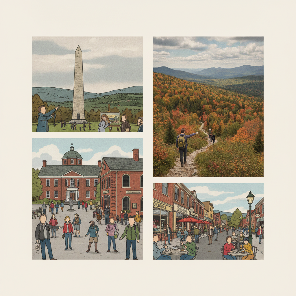 Collage of Bennington VT attractions including the Bennington Battle Monument, fall foliage hiking, and downtown scenes.