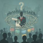 An abstract illustration depicting a suited figure with a question mark, surrounded by s — Bruce Blakeman campaign finance