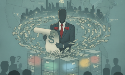 An abstract illustration depicting a suited figure with a question mark, surrounded by s — Bruce Blakeman campaign finance