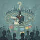 An abstract illustration depicting a suited figure with a question mark, surrounded by s — Bruce Blakeman campaign finance